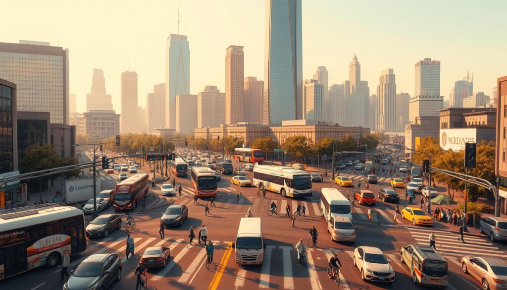 A bustling urban intersection, captured from an elevated perspective. In the foreground, a dense flow of vehicles - cars, buses, and the occasional bicycle - navigating the intersection with a sense of urgency. Midground, pedestrians weave through the traffic, their movement creating a dynamic interplay of human and machine. In the background, a skyline of towering skyscrapers, their glass facades reflecting the shifting patterns of the streetscape. The scene is illuminated by warm, golden hues, casting a subtle glow over the entire composition. The overall atmosphere conveys the impact of traffic on the city's infrastructure, the delicate balance between efficiency and safety.