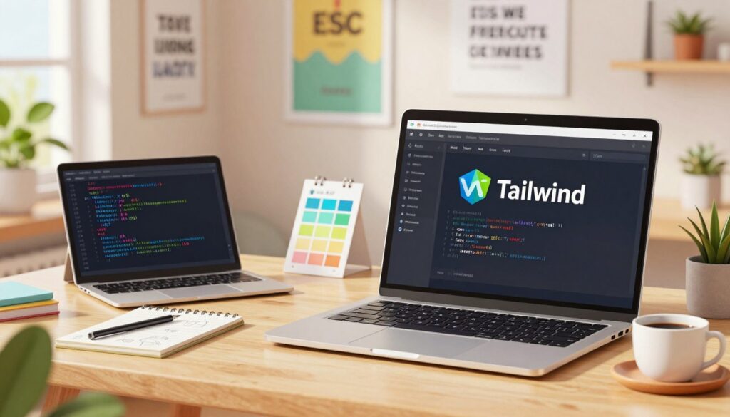 A clean and modern workspace showcasing the process of installing Tailwind CSS within a Vite project. In the foreground, a sleek laptop with a terminal window open, displaying the command for installing Tailwind CSS. Surrounding the laptop, vibrant design elements feature Tailwind’s logo and snippets of CSS code. In the middle, a stylish desk loaded with design tools like a color swatch, a notepad with sketches, and a cup of coffee, exuding a creative atmosphere. The background features a softly lit room with motivational posters on the walls and a plant adding a touch of life. The overall mood is inspiring and innovative, reflecting a professional setting, captured with warm, natural lighting to convey a sense of productivity and creativity.