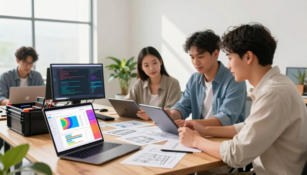 A clean, modern workspace showcasing a diverse team of young professionals, two men and one woman, engaged in a collaborative session. They are reviewing a digital tablet and laptop, with design sketches and coding diagrams spread across a sleek wooden table. In the foreground, focus on a laptop displaying a vibrant project management app interface, while in the middle ground, toolkits featuring coding frameworks and testing software line the desk. The background includes a large window, allowing soft, natural light to illuminate the scene, casting gentle shadows. The atmosphere is one of creativity and productivity, emphasizing a culture of innovation and teamwork. The professionals are dressed in smart casual attire, exuding a focused yet relaxed vibe, surrounded by tech gadgets and plants that enhance the environment. A clean, modern workspace showcasing a diverse team of young professionals, two men and one woman, engaged in a collaborative session. They are reviewing a digital tablet and laptop, with design sketches and coding diagrams spread across a sleek wooden table. In the foreground, focus on a laptop displaying a vibrant project management app interface, while in the middle ground, toolkits featuring coding frameworks and testing software line the desk. The background includes a large window, allowing soft, natural light to illuminate the scene, casting gentle shadows. The atmosphere is one of creativity and productivity, emphasizing a culture of innovation and teamwork. The professionals are dressed in smart casual attire, exuding a focused yet relaxed vibe, surrounded by tech gadgets and plants that enhance the environment.