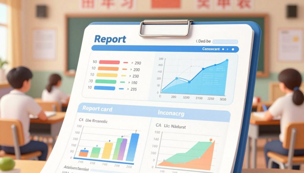 A close-up view of a sleek, modern report card showcasing a blend of traditional academic performance metrics and innovative AI-powered analytics visuals. In the foreground, the report card is oriented towards the viewer, highlighting colorful graphs and digital indicators indicating student progress. The middle layer features a stylized comparison between old-fashioned grades and cutting-edge analytics, illustrated through charts and icons that symbolize technology, like gears and data streams. The background consists of a softly blurred classroom setting with warm, inviting lighting emulating a productive learning environment. The overall mood is forward-thinking and optimistic, emphasizing the evolution of education. The image should be professional and engaging, without any text or logos.