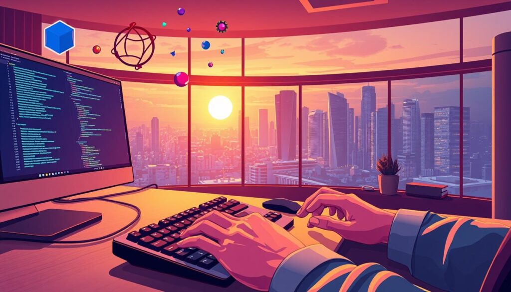 A coding workspace bathed in a warm, ambient glow. In the foreground, a developer's hands type rhythmically on a sleek mechanical keyboard, their focus intense. Floating above the desk, abstract shapes and data visualizations dance, seemingly responding to the keystrokes. The middle ground reveals a large, high-resolution display, its screen filled with lines of elegant code and a real-time preview of the application. In the background, a panoramic window offers a stunning cityscape, the skyline punctuated by towering skyscrapers. The overall atmosphere is one of flow, creativity, and technological harmony - a vivid representation of the "vibe coding" concept.