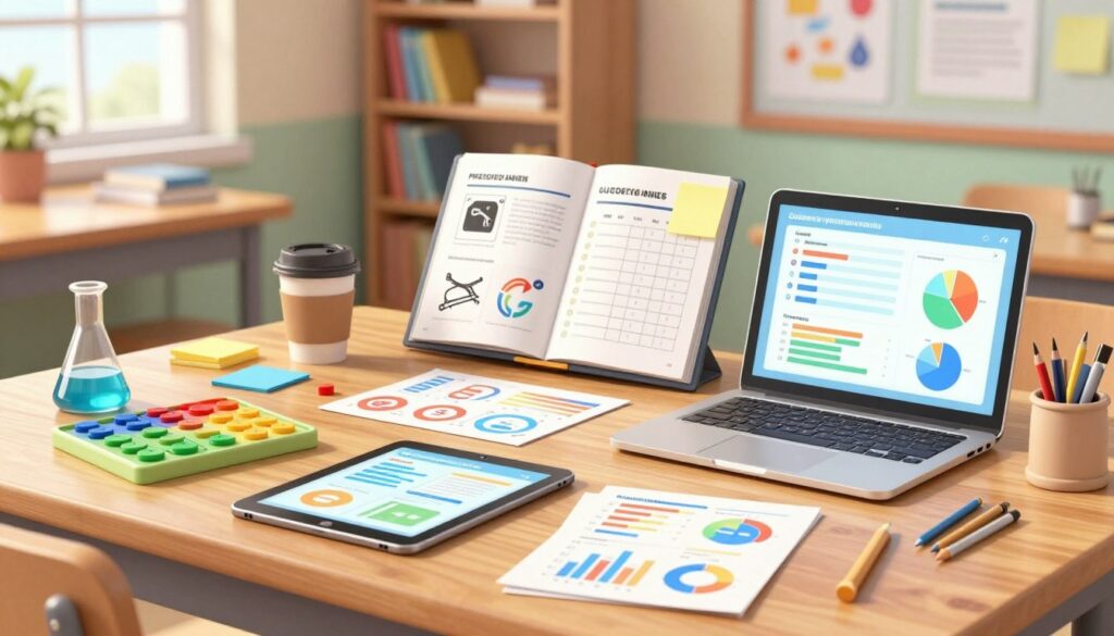A collection of diverse educational tools arranged on a wooden desk. In the foreground, there are a tablet and a laptop displaying dashboards with colorful graphs, symbolizing data analysis. Scattered around are several educational resources like math manipulatives, science lab equipment, and art supplies, showcasing various subjects. In the middle ground, an open folder reveals a project plan and a checklist for tool efficacy and standards, while a coffee cup and sticky notes hint at collaborative planning. The background features a softly lit classroom environment, with shelves of books and educational posters creating a focused atmosphere. Warm, natural lighting from a nearby window enhances the mood of innovation and preparation, captured from a slightly elevated angle to provide a comprehensive view of the workspace.