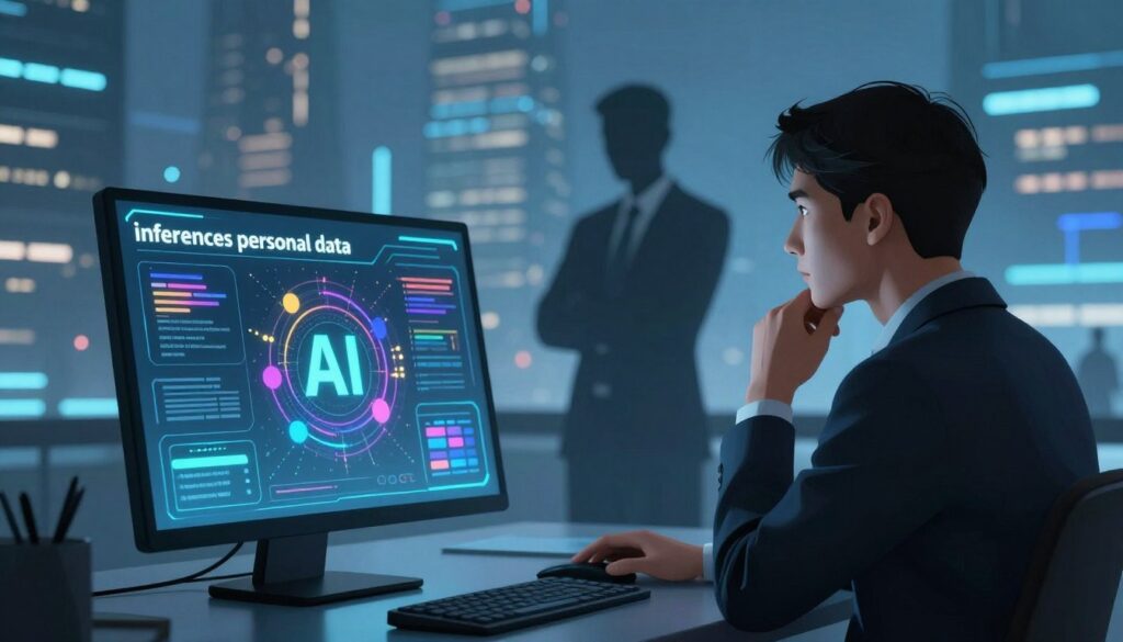 A conceptual illustration focusing on the theme of "inferences personal data." In the foreground, a sleek, futuristic computer interface displays abstract data points and visualizations, representing AI inferences, depicted in vibrant colors. In the middle ground, a silhouette of a professional figure in business attire stands thoughtfully, analyzing the data. The background features a blurred cityscape with digital elements, symbolizing technology and connectivity, bathed in soft, blue-toned lighting to create a serious yet hopeful atmosphere. The scene is captured from a slightly elevated angle, emphasizing the relationship between the individual and the AI data. The overall mood is introspective and cautionary, reflecting the risks associated with AI outputs.