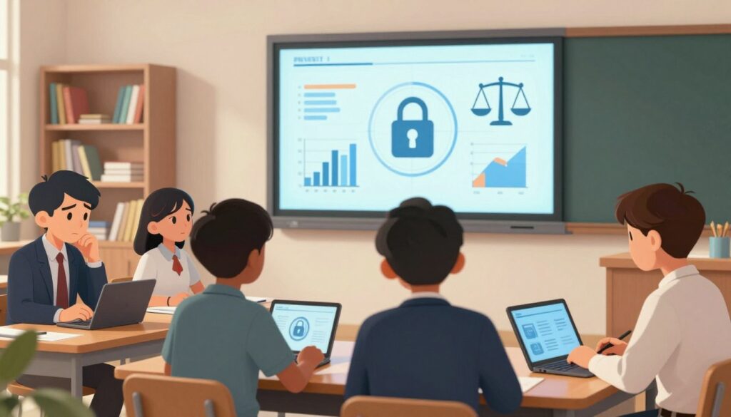 A contemporary classroom setting, showcasing a mix of technology and traditional learning elements. In the foreground, a diverse group of students, dressed in professional attire, interact with tablets and laptops, some looking concerned while others are engaged in discussion. The middle section features a large digital screen displaying data graphs and icons representing privacy and bias – such as a padlock and scales of justice. In the background, shelves filled with books and educational resources suggest a traditional learning environment. Soft, diffused lighting casts a focus on the students, creating an atmosphere of inquiry and caution. The angle is slightly tilted, emphasizing the interaction between technology and education, while ensuring the mood reflects the serious implications of cybersecurity risks in K-12 education.