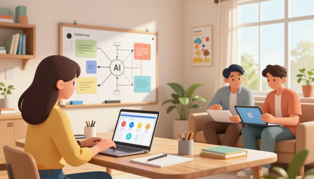 A cozy homeschooling environment featuring a diverse group of professional parents engaged in curriculum design using AI technology. In the foreground, a mother in modest casual clothing interacts with a sleek laptop, showcasing educational software. Beside her, a father, also in casual attire, reviews digital materials on a tablet. In the middle ground, a whiteboard filled with colorful charts and diagrams visualizes AI algorithms. The background showcases a bright, sunlit room adorned with bookshelves and educational posters, creating an inviting atmosphere. Soft natural light streams in through large windows, casting gentle shadows. The mood is collaborative and innovative, highlighting the fusion of traditional learning with cutting-edge AI tools in a nurturing home setting.