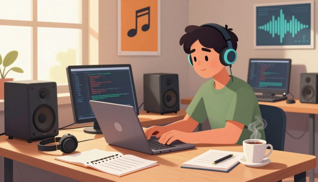 A cozy, modern workspace featuring a laptop surrounded by audio equipment like headphones and speakers, symbolizing a creative coding environment. The foreground showcases neatly arranged coding notes and a steaming cup of coffee, inviting focus and productivity. In the middle ground, a young professional in smart casual attire is intently working on the laptop, immersed in the task. Soft, warm lighting casts a calming glow over the workspace, while gentle sunlight filters through a nearby window, illuminating the scene with a sense of inspiration. In the background, vibrant posters of musical notes and sound wave patterns add an artistic flair, emphasizing the connection between music and coding. The overall mood is focused, dynamic, and creatively charged, capturing the essence of a productive work soundtrack.