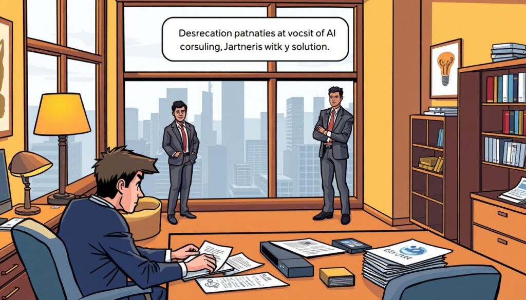 A cozy office setting, with warm lighting and wooden accents. In the foreground, a business person sits at a desk, contemplating documents and digital devices. In the middle ground, three potential consulting partners stand, each offering a unique solution. The background features a city skyline, hinting at the broader business landscape. The scene conveys a sense of careful consideration, as the business person weighs the options to find the right fit for their AI integration needs. A cozy office setting, with warm lighting and wooden accents. In the foreground, a business person sits at a desk, contemplating documents and digital devices. In the middle ground, three potential consulting partners stand, each offering a unique solution. The background features a city skyline, hinting at the broader business landscape. The scene conveys a sense of careful consideration, as the business person weighs the options to find the right fit for their AI integration needs.