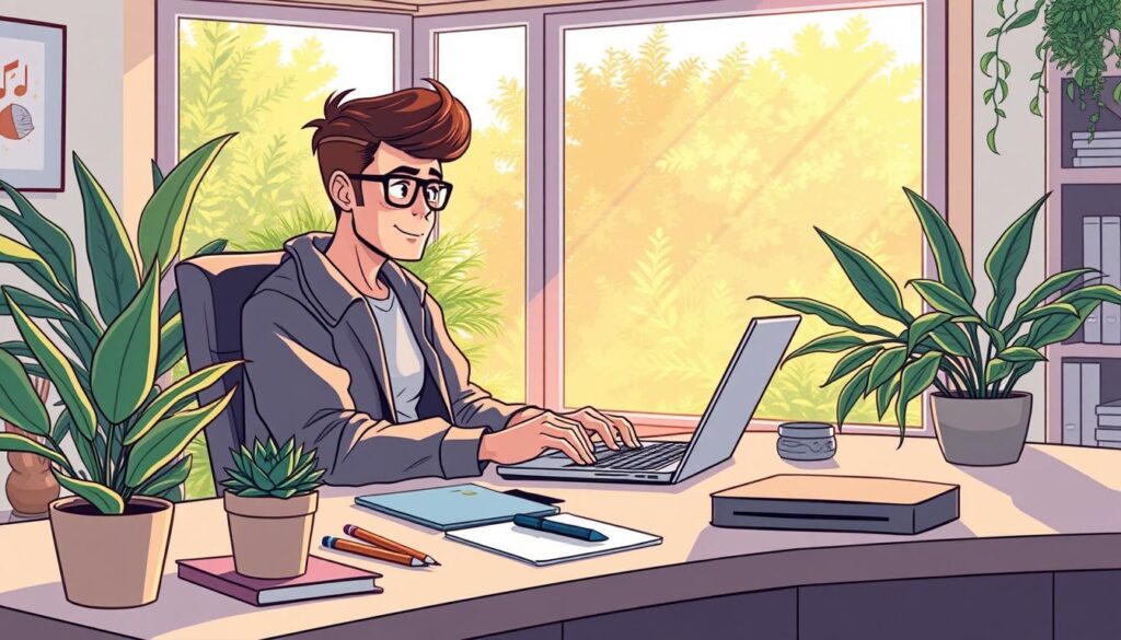 A cozy, sunlit home office where a "vibe coder" works with focused intensity. In the foreground, a desk with a laptop, stylish office supplies, and a succulent plant. In the middle ground, the coder, dressed in comfortable yet fashionable attire, typing away with a relaxed, yet determined expression. The background features a large window overlooking a lush, verdant garden, casting a warm, natural glow throughout the space. Soft, ambient music plays in the background, creating a soothing, productive atmosphere. The overall scene conveys a sense of harmony, creativity, and the ability to thrive in a non-traditional work environment. A cozy, sunlit home office where a "vibe coder" works with focused intensity. In the foreground, a desk with a laptop, stylish office supplies, and a succulent plant. In the middle ground, the coder, dressed in comfortable yet fashionable attire, typing away with a relaxed, yet determined expression. The background features a large window overlooking a lush, verdant garden, casting a warm, natural glow throughout the space. Soft, ambient music plays in the background, creating a soothing, productive atmosphere. The overall scene conveys a sense of harmony, creativity, and the ability to thrive in a non-traditional work environment.