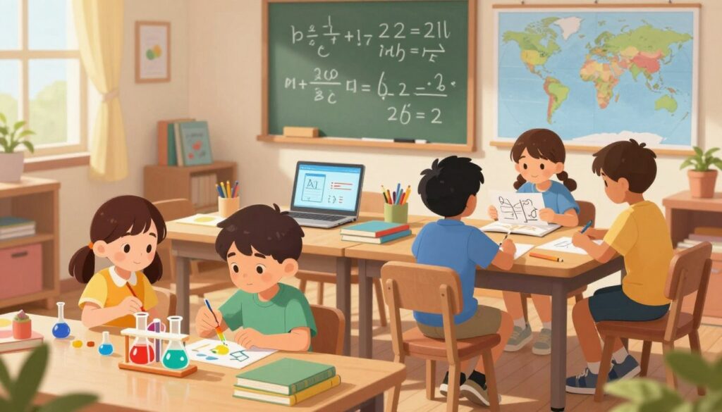 A cozy, sunlit room designed for homeschooling, featuring a diverse group of children engaged in practical learning activities. In the foreground, a boy and girl collaborate on a science experiment with beakers and colorful liquids, illustrating hands-on learning. In the middle, a table is filled with books, art supplies, and a laptop showcasing an AI-driven curriculum on the screen, while another child sketches a diagram. The background reveals a chalkboard with math equations and a world map, emphasizing cross-disciplinary education. Soft, natural lighting enhances the warm, inviting atmosphere, and the children are dressed in comfortable, modest clothing, reflecting a professional yet relaxed educational environment.