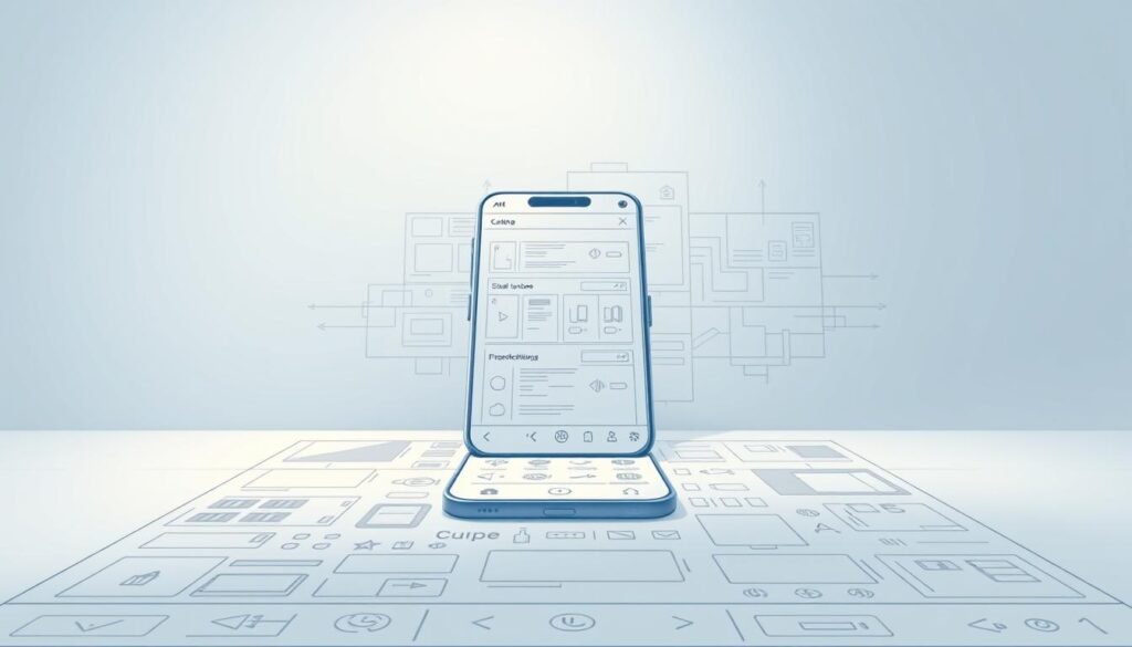 A detailed blueprint of a mobile app interface, rendered in a clean and minimalist style. The foreground features a grid-based layout with various UI elements like buttons, icons, and input fields. The middle ground showcases the application's core functionality, such as a dashboard or settings screen. In the background, a subtle grid pattern or architectural diagram provides context and depth. The lighting is soft and diffused, creating a harmonious, professional atmosphere. The angle is a front-facing, three-quarter view, allowing for a comprehensive overview of the application's structure and design. The color palette is restrained, utilizing muted tones of blue, gray, and white to convey a sense of clarity and precision. A detailed blueprint of a mobile app interface, rendered in a clean and minimalist style. The foreground features a grid-based layout with various UI elements like buttons, icons, and input fields. The middle ground showcases the application's core functionality, such as a dashboard or settings screen. In the background, a subtle grid pattern or architectural diagram provides context and depth. The lighting is soft and diffused, creating a harmonious, professional atmosphere. The angle is a front-facing, three-quarter view, allowing for a comprehensive overview of the application's structure and design. The color palette is restrained, utilizing muted tones of blue, gray, and white to convey a sense of clarity and precision.