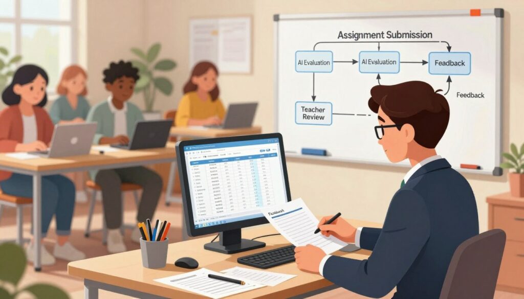 A detailed school grading workflow illustrated in a visually engaging way. In the foreground, a teacher in professional attire sits at a desk with a computer, analyzing digital grading software while grading papers scattered around. In the middle, a streamlined workflow diagram featuring steps like "Assignment Submission", "AI Evaluation", "Teacher Review", and "Feedback" is displayed on a whiteboard. In the background, a diverse group of students is seated at study tables, focused and engaged, with some using tablets and laptops. The lighting is bright and warm, creating a positive and productive atmosphere, with a depth of field that softly blurs the background, emphasizing the teacher in action. A balanced color palette enhances the modern educational setting, evoking a sense of innovation and collaboration.
