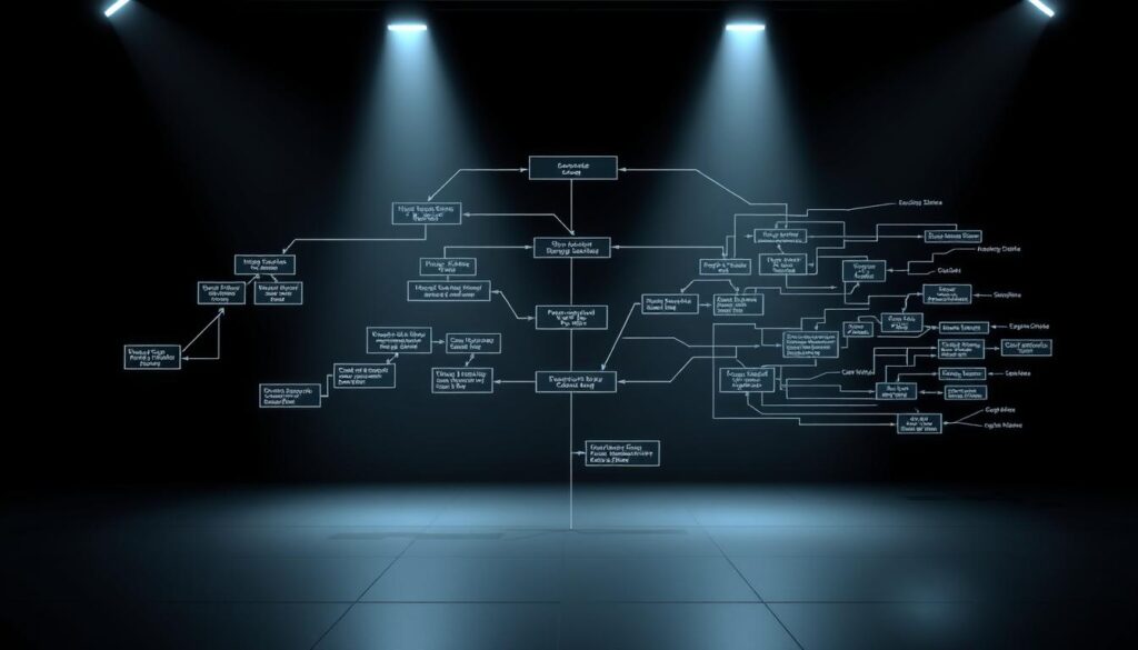 A detailed, three-dimensional visualization of a behavior tree, depicting its hierarchical structure and interconnected nodes. The foreground showcases the main tree with branching decision points and action sequences, rendered in a sleek, futuristic style with clean lines and angular geometry. The middle ground features a semi-transparent overlay of the tree's decision-making logic, expressed through flowing data streams and pulsing signals. The background setting is a minimalist, monochromatic environment that allows the behavior tree to stand out, conveying a sense of technological sophistication and AI-driven precision. Dramatic lighting from multiple angles highlights the depth and complexity of the system, creating a visually compelling and informative illustration.