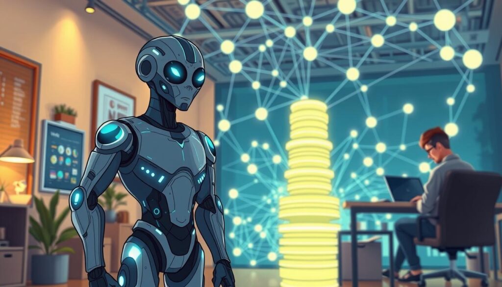 A digital illustration depicting the "Replit plan-first agent" concept. In the foreground, a sleek, futuristic AI agent stands confidently, its metallic frame and glowing circuits hinting at advanced technological capabilities. Behind it, a deep, interconnected database system unfurls, represented by a complex network of glowing lines and nodes. In the background, a collaborative workspace emerges, with developers working together on laptops and tablets, their expressions focused yet collaborative. The scene is bathed in a warm, inviting lighting, conveying a sense of productivity, innovation, and team-oriented problem-solving. A digital illustration depicting the "Replit plan-first agent" concept. In the foreground, a sleek, futuristic AI agent stands confidently, its metallic frame and glowing circuits hinting at advanced technological capabilities. Behind it, a deep, interconnected database system unfurls, represented by a complex network of glowing lines and nodes. In the background, a collaborative workspace emerges, with developers working together on laptops and tablets, their expressions focused yet collaborative. The scene is bathed in a warm, inviting lighting, conveying a sense of productivity, innovation, and team-oriented problem-solving.