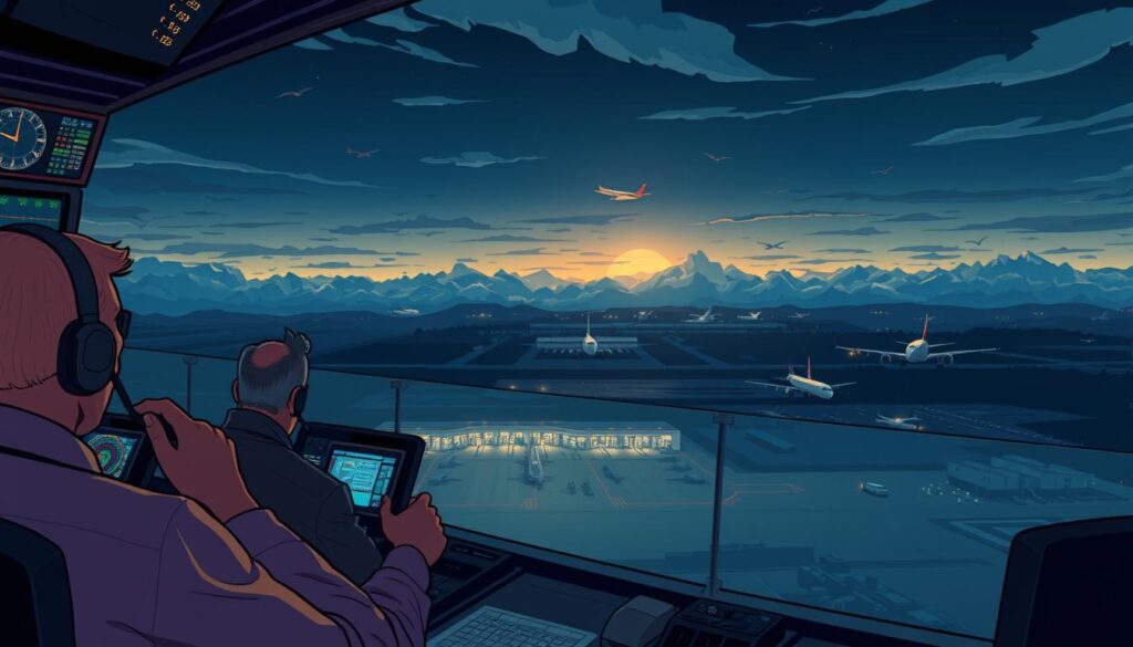 A dimly lit air traffic control tower, illuminated by the glow of radar screens and console lights. The foreground shows air traffic controllers intently focused, hands on headsets, voices calm yet urgent as they guide a fleet of aircraft through the night sky. In the middle ground, a panoramic view of the airport below, runways lined with taxiing planes and the distant outline of hangars. The background is a dramatic, cinematic skyscape - swirling clouds, pockets of light, and the faint silhouettes of airliners in the distance. The atmosphere is one of tension and precision, where split-second decisions and clear communication are paramount. A dimly lit air traffic control tower, illuminated by the glow of radar screens and console lights. The foreground shows air traffic controllers intently focused, hands on headsets, voices calm yet urgent as they guide a fleet of aircraft through the night sky. In the middle ground, a panoramic view of the airport below, runways lined with taxiing planes and the distant outline of hangars. The background is a dramatic, cinematic skyscape - swirling clouds, pockets of light, and the faint silhouettes of airliners in the distance. The atmosphere is one of tension and precision, where split-second decisions and clear communication are paramount.