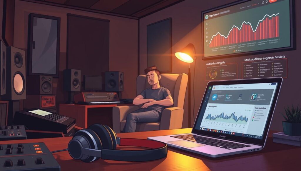 A dimly lit, cozy music studio with a warm, inviting atmosphere. In the foreground, a pair of open headphones rests on a wooden desk, surrounded by various music production equipment - mixing console, MIDI controller, and a sleek, modern laptop displaying a music recommendation interface. The middle ground features a music artist, seated in a comfortable chair, engaged in deep thought as they review the AI-powered analytics and subscriber insights on the laptop screen. In the background, a wall-mounted display showcases a real-time visualization of the audience growth and music engagement metrics, illuminated by soft, ambient lighting. The overall scene conveys the synergy between human creativity and the power of AI-driven audience development for a successful music newsletter.