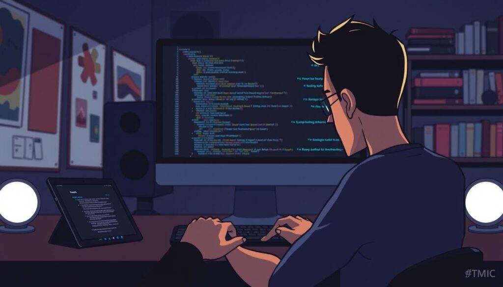 A dimly lit studio workspace, with a sleek desktop computer and a tablet on the desk. The lighting casts dramatic shadows, creating a sense of focus and intensity. In the foreground, a person's hands type furiously on the keyboard, their expression one of deep concentration. On the screen, lines of code and prompts dance across the display, hinting at the complex process of prompt engineering. The background is slightly blurred, but suggests a wall of inspirational artwork, whiteboards, and shelves of technical books. The overall atmosphere is one of creative problem-solving, where the art of crafting effective prompts is the key to unlocking the power of AI-assisted development.