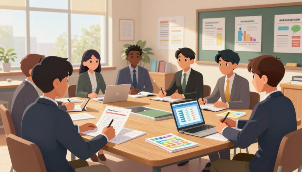 A diverse group of students, dressed in professional business attire, gathered around a large wooden table in a well-lit modern classroom. On the table are various assessment tools, including standardized test booklets, laptops displaying educational software, and colorful charts illustrating test scores. In the background, an inspirational wall with educational posters about growth and learning hints at the challenges of assessments. Soft, natural light streams through large windows, casting a warm glow over the scene. The atmosphere is focused and contemplative, conveying a sense of urgency and the need for reform in the assessment process. This image captures the essence of students engaging with their educational journey and the potential for AI-assisted learning.
