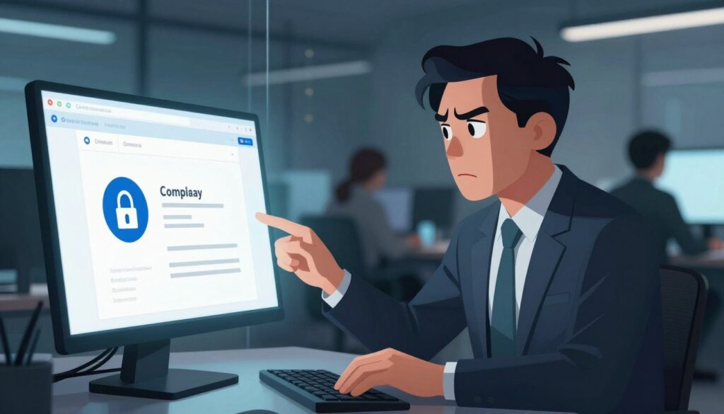 A dramatic illustration of phishing in the context of cybersecurity. In the foreground, a stylized computer screen displays a deceptive email interface with a fake company logo, casting a soft glow. The middle ground features a business professional, dressed in a smart suit, with a look of concern, analyzing the screen. Their reflection is visible on the glass surface, emphasizing the sense of urgency and vigilance. In the background, a bustling office environment is subtly blurred, with colleagues at desks, hinting at a high-tech corporate setting. The lighting is dim but focused on the screen's glow, creating an atmosphere of tension, as if a digital threat is lurking. Capture the essence of the arms race in AI and cybersecurity, showcasing the constant battle between deception and defense.