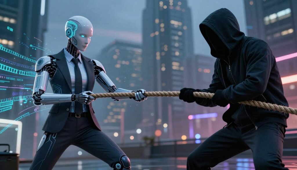 A dramatic scene depicting a tug-of-war between an advanced AI figure and a shadowy hacker. In the foreground, the AI is represented by a sleek, futuristic humanoid with glowing circuits and a calm, confident demeanor, dressed in professional business attire. The hacker, in contrast, is cloaked in an ambiguous dark hoodie, obscuring their face, evoking mystery and tension. The middle of the image features a taut rope symbolizing their struggle, with digital data streams and binary code flowing around it, illustrating the cyber battleground. The background is a high-tech urban landscape at dusk, with neon lights reflecting a sense of urgency and conflict. The lighting is moody and focused, highlighting the wrestle, with a cinematic angle that adds depth and intensity to the scene.