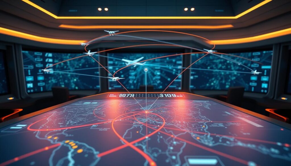 A dynamic 3D visualization of a complex flight-path optimization system. In the foreground, a detailed digital map displays multiple flight routes, each with varying colors and trajectories, highlighting the intricate web of interconnected decisions. In the middle ground, a sleek control panel with holographic displays and intuitive interfaces, allowing operators to fine-tune parameters and simulate real-time scenarios. The background is a softly lit, futuristic command center, with a panoramic view of the virtual airspace, conveying a sense of scale and the comprehensive nature of the AI-driven optimization process. Crisp, high-contrast lighting and a cinematic camera angle combine to create a visually striking and technically compelling image that captures the essence of AI-powered flight-path planning. A dynamic 3D visualization of a complex flight-path optimization system. In the foreground, a detailed digital map displays multiple flight routes, each with varying colors and trajectories, highlighting the intricate web of interconnected decisions. In the middle ground, a sleek control panel with holographic displays and intuitive interfaces, allowing operators to fine-tune parameters and simulate real-time scenarios. The background is a softly lit, futuristic command center, with a panoramic view of the virtual airspace, conveying a sense of scale and the comprehensive nature of the AI-driven optimization process. Crisp, high-contrast lighting and a cinematic camera angle combine to create a visually striking and technically compelling image that captures the essence of AI-powered flight-path planning.