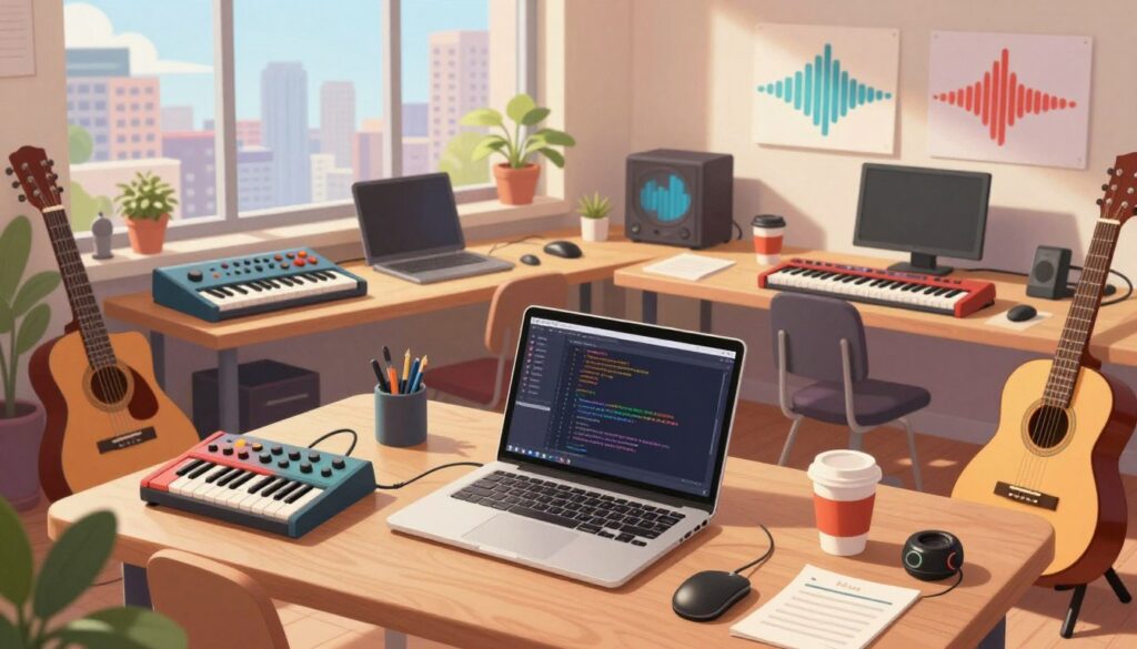 A dynamic workspace showcasing an array of musical instruments and development tools that blend seamlessly. In the foreground, a sleek laptop with coding software open, surrounded by colorful synthesizers, MIDI controllers, and a variety of acoustic instruments like a guitar and a keyboard. The middle layer features a modern desk adorned with notes, coffee cups, and vibrant soundwave artwork. In the background, large windows flood the space with natural light, highlighting a beautiful city skyline. The atmosphere is creative and focused, blending technology and artistry. Use a slight overhead angle to capture the richness of the workspace. Soft, warm lighting adds an inviting feel, evoking a sense of inspiration and productivity in coding and music collaboration.