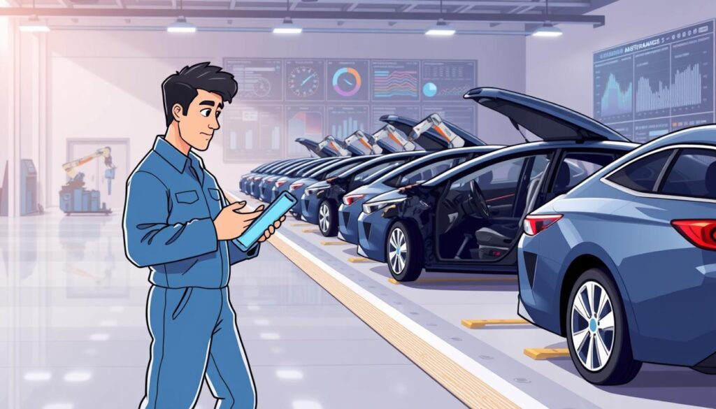 A fleet of autonomous vehicles parked in a well-lit, modern maintenance facility. In the foreground, a mechanic in a clean, blue jumpsuit examines the inner workings of a car, using a diagnostic tablet. In the middle ground, robotic arms perform routine checks and adjustments on other vehicles. The background showcases a wall-sized display panel, visualizing real-time data on the fleet's performance, maintenance schedules, and predicted downtime. The atmosphere is one of precision, efficiency, and a proactive approach to maintaining a safe, reliable ride-sharing service.
