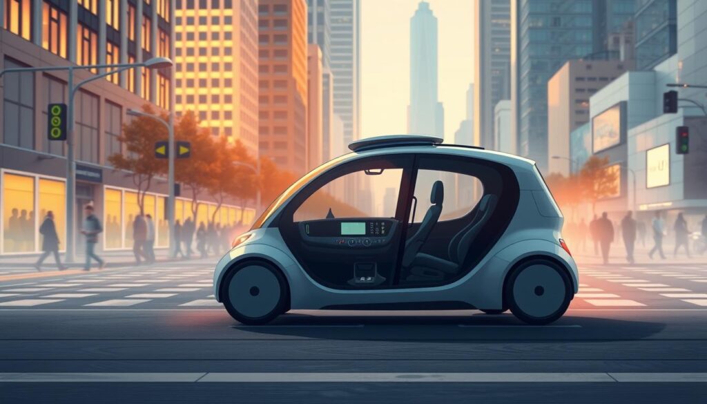 A futuristic autonomous vehicle glides smoothly down a city street, its sleek silhouette bathed in a warm glow of ambient lighting. In the foreground, a network of sensors and cameras vigilantly monitor the surroundings, creating a comprehensive sensory awareness that ensures the vehicle's unwavering focus on safety. The middle ground features a clean, minimalist dashboard with intuitive controls, subtly conveying the vehicle's commitment to reliability and redundancy. In the background, a cityscape of towering skyscrapers and bustling pedestrian traffic hints at the vehicle's advanced, fail-safe capabilities, capable of navigating even the most complex urban environments with unwavering precision and care.