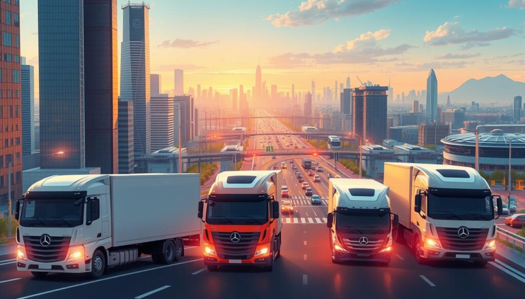A futuristic cityscape unfolds, with towering skyscrapers and sleek, autonomous vehicles navigating the bustling streets. In the foreground, a fleet of smart delivery trucks equipped with advanced driver-monitoring sensors showcase the operational benefits of AI-powered fleet safety. The trucks' exterior is bathed in a warm, ambient light, emphasizing their streamlined design and cutting-edge technology. In the middle ground, a network of interconnected traffic signals and intelligent infrastructure create a seamless, efficient transportation system. The background is a panoramic view of the city, where the skyline is dotted with renewable energy sources, reflecting the overall commitment to sustainability and safety. The scene conveys a sense of progress, innovation, and the harmonious integration of advanced technologies for the betterment of urban mobility and logistics.
