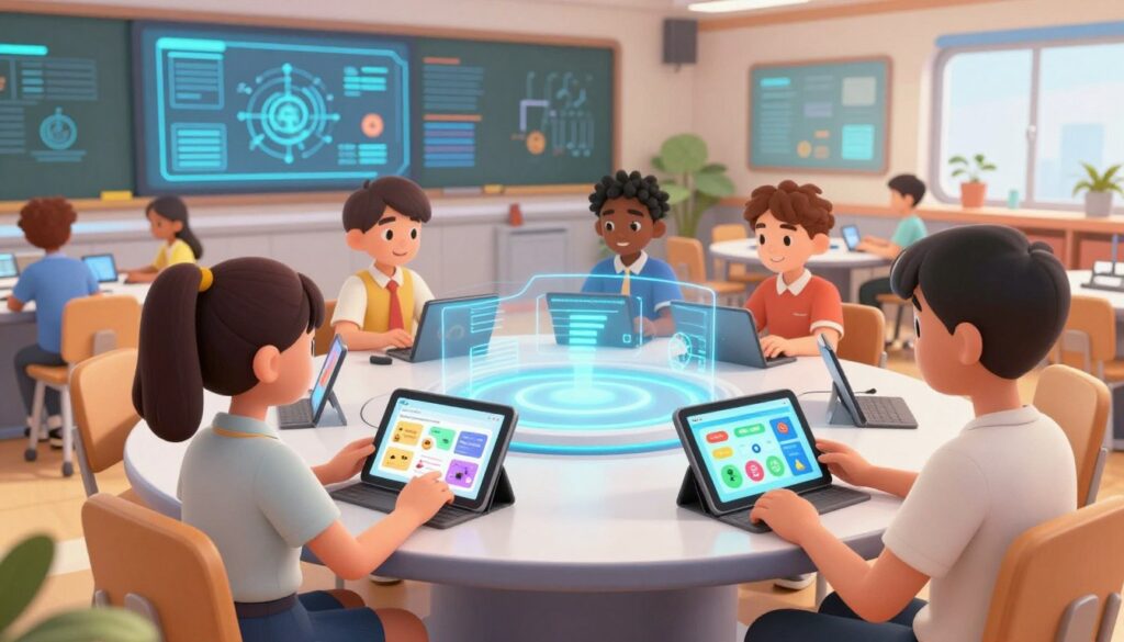 A futuristic classroom filled with diverse students engaged in interactive learning with AI tools. In the foreground, a young girl wearing professional casual clothing uses a tablet displaying colorful, personalized learning apps. The middle ground features a diverse group of students—two boys and a girl—collaborating at a sleek, modern round table, showcasing holographic displays of data and educational content. The background highlights a high-tech environment with digital screens on the walls illustrating various subjects and AI algorithms in action. The atmosphere is bright and inspiring, with warm lighting to evoke a sense of innovation and collaboration. The angle is slightly elevated, capturing the energy and engagement in the room.