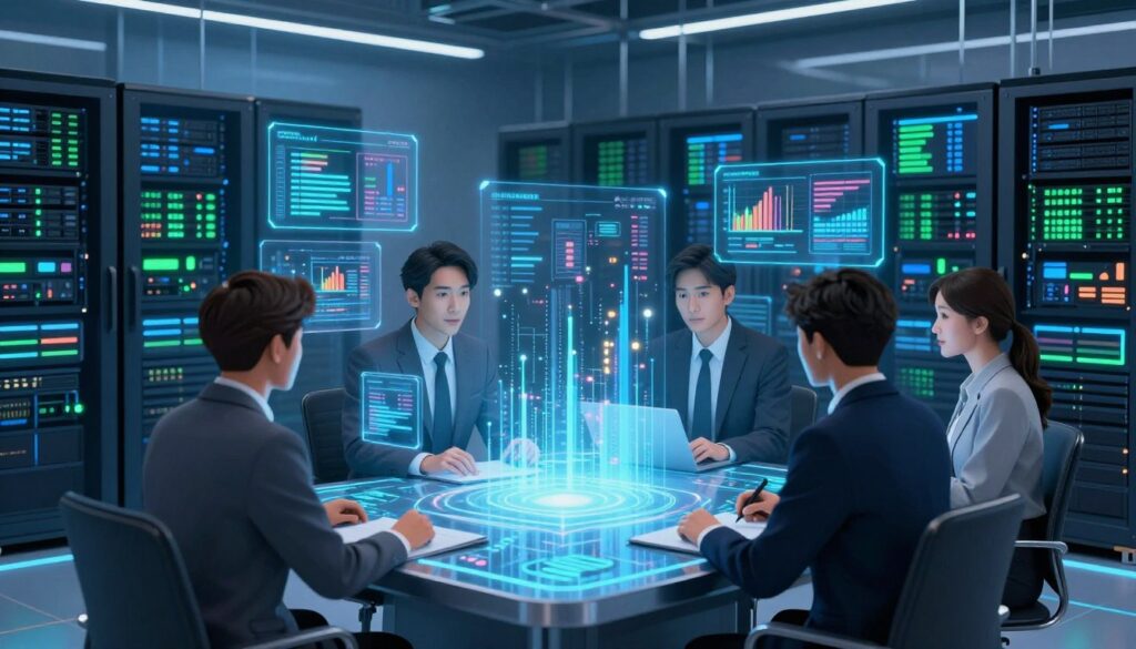 A futuristic data center filled with glowing holographic screens displaying various data streams and visualizations, symbolizing data consolidation. In the foreground, a group of three professionals in business attire, collaborating around a sleek, interactive digital table, analyzing cascading data charts and AI-driven insights. The middle ground features transparent panels with vibrant graphs and anomaly detection visuals. In the background, high-tech server racks neatly organized, illuminated by soft blue and green lighting, creating a modern, innovative atmosphere. The scene captures the essence of unity and efficiency in cyber defense, with an emphasis on collaboration and advanced technology, conveying a sense of security and strategic foresight.