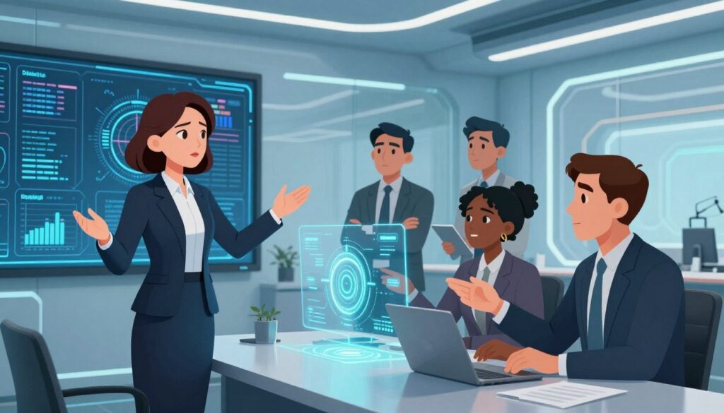 A futuristic office environment depicting a diverse group of professionals engaged in a strategic meeting about AI security. In the foreground, a serious-looking woman in a tailored business suit gestures towards a large digital screen displaying complex security graphs and charts related to GenAI risks. In the middle ground, a diverse team of three other professionals—two men and a woman—discusses various security strategies, with one pointing at a holographic interface showcasing protective measures against AI content abuse. The background features sleek glass walls and advanced technological equipment, with soft blue lighting that creates a high-tech atmosphere. Capture the mood of collaboration and urgency, emphasizing the importance of AI security for modern organizations.