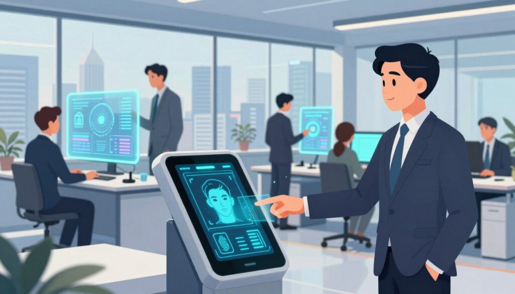 A futuristic office environment illuminated by soft, diffused lighting. In the foreground, a sleek digital access control panel glows with interactive biometric sensors, showing high-tech features like facial recognition and fingerprint scanning. The middle layer features professionals in business attire working collaboratively, analyzing data on holographic displays that visualize security protocols and AI analysis. In the background, large glass windows showcase a city skyline, symbolizing the modern digital landscape. The atmosphere is one of innovation and security, where technology and teamwork converge. The angle captures both the access control panel and the engaged professionals, highlighting the synergy between human effort and advanced AI capabilities in a Zero Trust model.