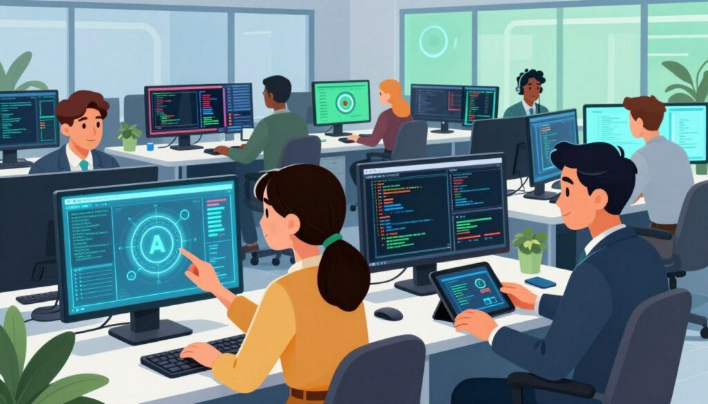 A futuristic office space filled with diverse professional software developers, focused on their screens displaying complex code and visualizations of AI testing agents. In the foreground, a female software engineer wearing smart casual attire engages with a holographic interface showing real-time QA metrics, while a male developer in a business suit analyzes code quality reports on a tablet. The middle background features monitors with detailed graphs and AI testing tools, highlighting a vibrant coding atmosphere. The lighting is bright and colorful, with a mix of blue and green hues, suggesting innovation and energy. The overall mood conveys a collaborative, tech-savvy environment that champions quality assurance and AI integration in software development.