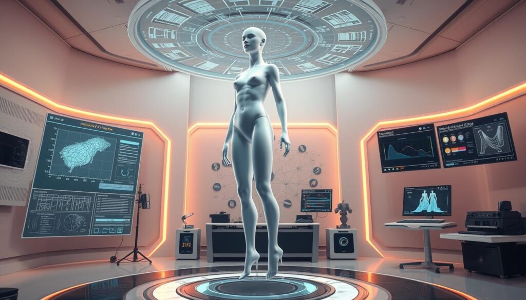 A futuristic, well-lit studio setting with a 3D model of a human form suspended in mid-air, surrounded by intricate diagrams, holographic displays, and advanced software interfaces. The model is being scanned and analyzed from multiple angles, with data streams visualizing the pose, body segmentation, and material properties. In the background, a diffusion pipeline is in progress, generating realistic textures and simulating fabric drape. The overall atmosphere is one of cutting-edge technological innovation, pushing the boundaries of virtual fashion and personalized fitting experiences.