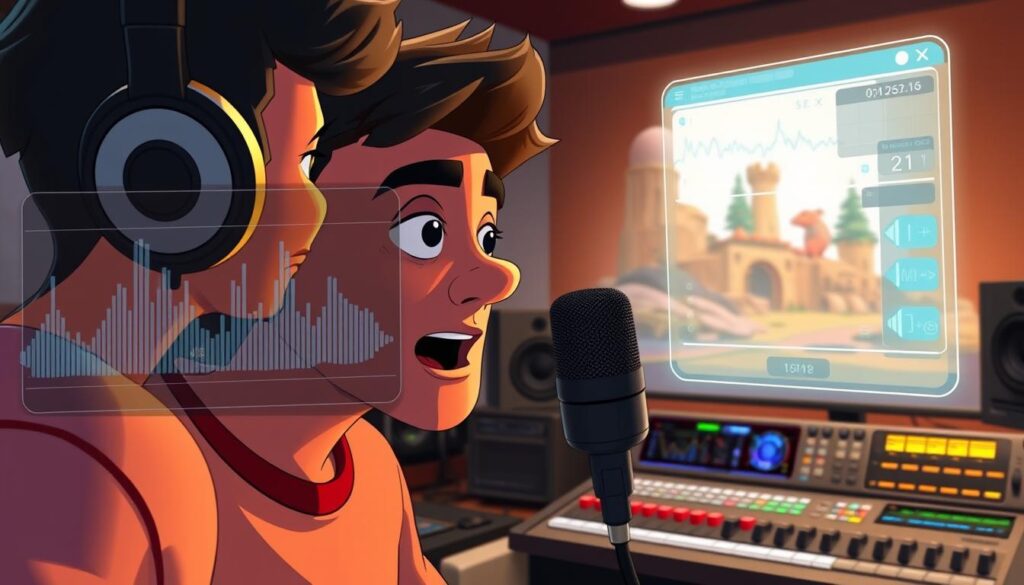 A game character speaks into a high-quality microphone, their voice captured in crisp detail. In the foreground, a holographic display showcases real-time audio waveforms and voice metrics, allowing developers to precisely fine-tune the character's vocal performance. The middle ground features an array of audio editing tools and sound mixing panels, facilitating a streamlined post-production workflow. In the background, a rendering of the game's 3D environment sets the scene, hinting at the immersive, atmospheric experience the voice acting will contribute to. Soft, warm lighting illuminates the workspace, creating a professional, productive ambiance conducive to the creative process.