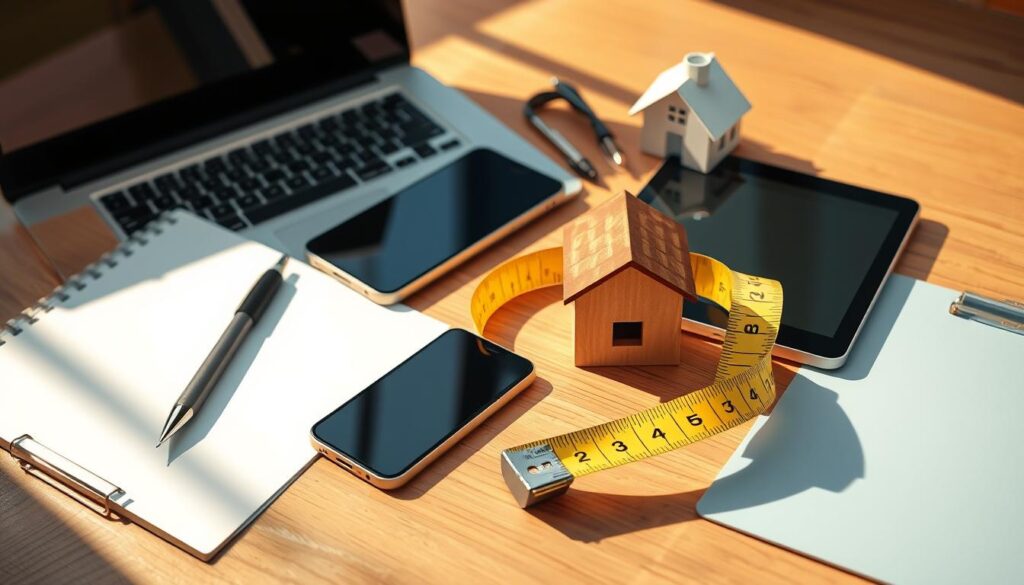 A high-quality, photorealistic image of an assortment of real estate-related tools, including a laptop, a tablet, a smartphone, a pen, a clipboard, a tape measure, and a house-shaped paperweight, all arranged neatly on a wooden table or desk. The tools are illuminated by warm, natural lighting, casting subtle shadows and creating a sense of depth and dimension. The composition is balanced and visually appealing, with the objects placed in a way that suggests their use in the real estate industry. The overall mood is professional, organized, and focused on the tools' functionality and utility for real estate agents.