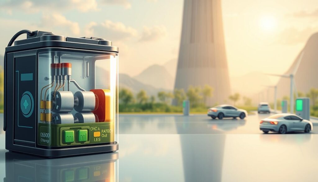 A high-resolution digital illustration depicting the lifespan and degradation of a lithium-ion battery for an electric vehicle. The foreground showcases a cross-sectional view of the battery, revealing its internal components and the chemical processes that occur during charging and discharging cycles. The middle ground features a timeline graph charting the battery's capacity and health over its lifetime, illustrating the gradual degradation and capacity loss. The background depicts a futuristic, clean-energy landscape with sleek electric vehicles, charging stations, and renewable energy sources, all under a warm, diffused lighting that emphasizes the technological advancements in battery management systems. The overall scene conveys a sense of scientific precision, technological progress, and environmental sustainability.