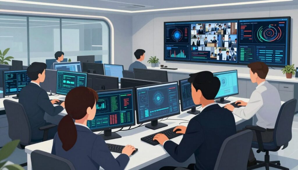 A high-tech security operations center showcasing professionals engaged in monitoring and analyzing AI security systems. In the foreground, a diverse group of three business professionals in smart attire are focused on sophisticated computer screens filled with data analytics and security alerts. In the middle ground, multiple large screens display graphs, surveillance feeds, and AI algorithms. The background features a modern office environment with sleek, minimalist design and high-tech equipment. Soft, ambient lighting enhances a serious yet optimistic atmosphere, reflecting the collaborative spirit of technological innovation. Capture the scene from a slightly elevated angle, emphasizing the professionals and their dynamic interaction with technology.