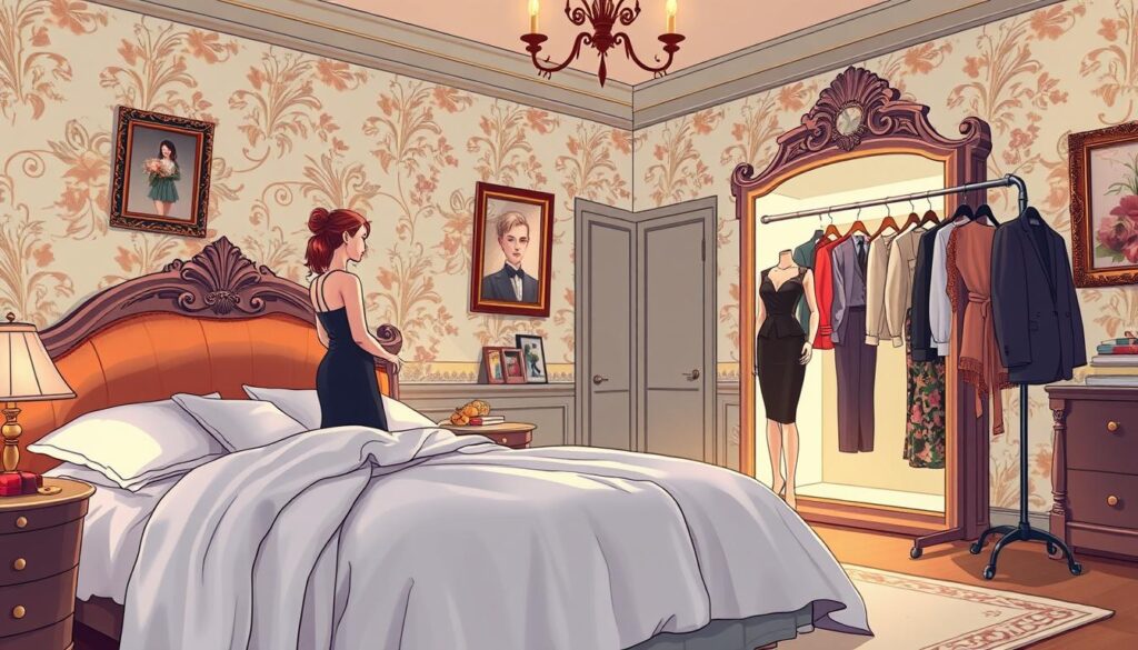 A lavishly decorated bedroom with a plush king-sized bed dressed in luxurious silk sheets. The walls are adorned with elegant floral wallpaper and ornate picture frames. In the foreground, a smartly-dressed woman stands before a full-length mirror, contemplating her reflection as she considers various outfits displayed on a rolling clothing rack beside her. Soft, diffused lighting casts a warm, inviting glow throughout the scene. The atmosphere is one of refined taste, thoughtful introspection, and the promise of a personalized style recommendation.