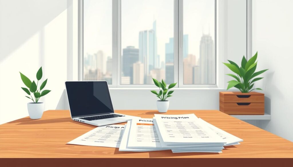 A minimalist office setting with a wooden desk, clean white walls, and a large window overlooking a city skyline. On the desk, a laptop, a small potted plant, and a stack of documents showcasing different pricing plans and subscription models. The lighting is soft and natural, creating a professional yet inviting atmosphere. The foreground focuses on the pricing information, while the background provides a sense of urban sophistication. The overall composition conveys a sense of thoughtful consideration for the optimal pricing structure to support a cost-effective SaaS platform leveraging AI for personalized onboarding.
