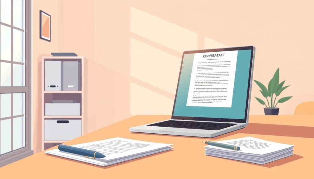 A minimalist office workspace with a clean, well-lit environment. On the desk, a laptop displaying a digital contract being generated, the screen casting a soft glow. Nearby, a pen and a stack of papers represent the process of contract drafting. The room is bathed in warm, natural lighting, conveying a sense of professionalism and productivity. The overall scene suggests the smooth, efficient generation of contracts powered by advanced language models, ready to serve the needs of freelancers and small businesses.