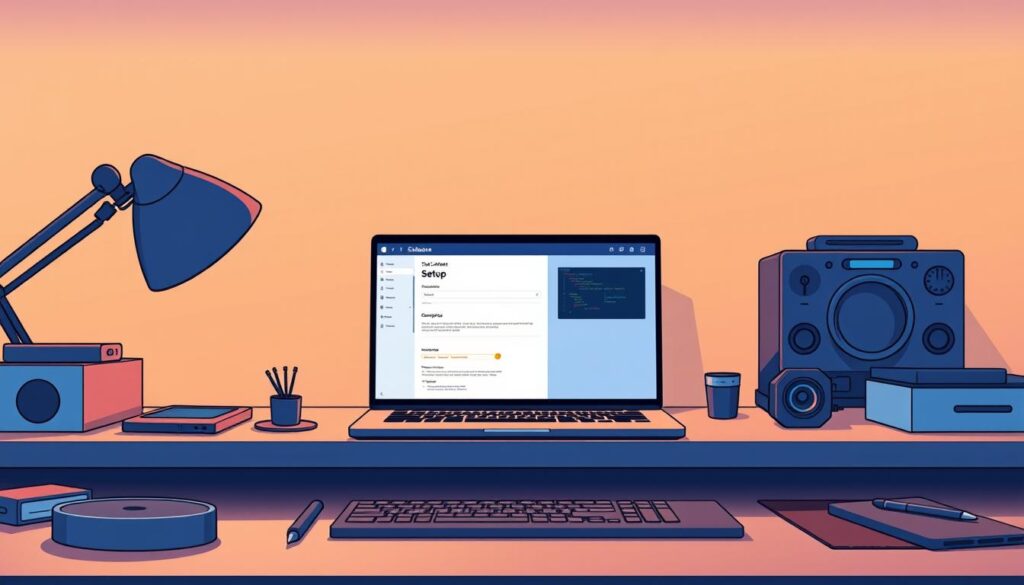 A minimalist workspace illuminated by warm, focused lighting. On the desk, a sleek laptop displays a Supabase client setup interface, its intuitive UI and elegant color scheme capturing the essence of modern software engineering. Surrounding the laptop, neatly arranged developer tools and accessories suggest a methodical, organized approach. The overall atmosphere conveys a sense of professionalism, productivity, and the seamless integration of technology and design.