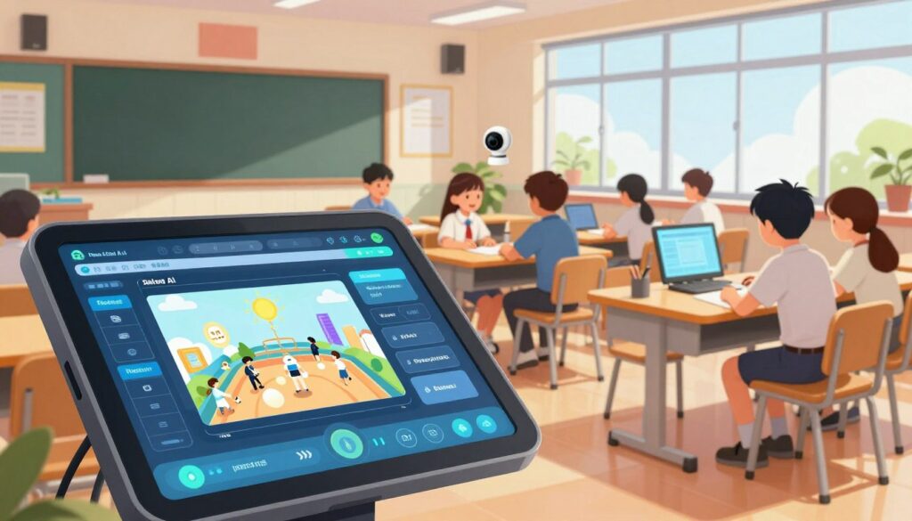 A modern classroom filled with technology, showcasing a high-tech pilot monitoring system integrated into the environment. In the foreground, a sleek, touch-screen AI interface displays real-time classroom data, designed with an intuitive layout and vibrant colors. In the middle ground, a group of attentive students is seated at their desks, each focused on their work while being monitored by subtle, unobtrusive AI cameras mounted on the walls. The background features large windows allowing natural light to flood in, creating a bright and welcoming atmosphere. The overall mood is one of innovation and responsibility, emphasizing the balance between technological advancement and student privacy. The image should be crisp and well-lit, resembling a professional educational setting, captured from a slightly elevated angle to capture both the monitoring system and the classroom dynamic effectively. A modern classroom filled with technology, showcasing a high-tech pilot monitoring system integrated into the environment. In the foreground, a sleek, touch-screen AI interface displays real-time classroom data, designed with an intuitive layout and vibrant colors. In the middle ground, a group of attentive students is seated at their desks, each focused on their work while being monitored by subtle, unobtrusive AI cameras mounted on the walls. The background features large windows allowing natural light to flood in, creating a bright and welcoming atmosphere. The overall mood is one of innovation and responsibility, emphasizing the balance between technological advancement and student privacy. The image should be crisp and well-lit, resembling a professional educational setting, captured from a slightly elevated angle to capture both the monitoring system and the classroom dynamic effectively.
