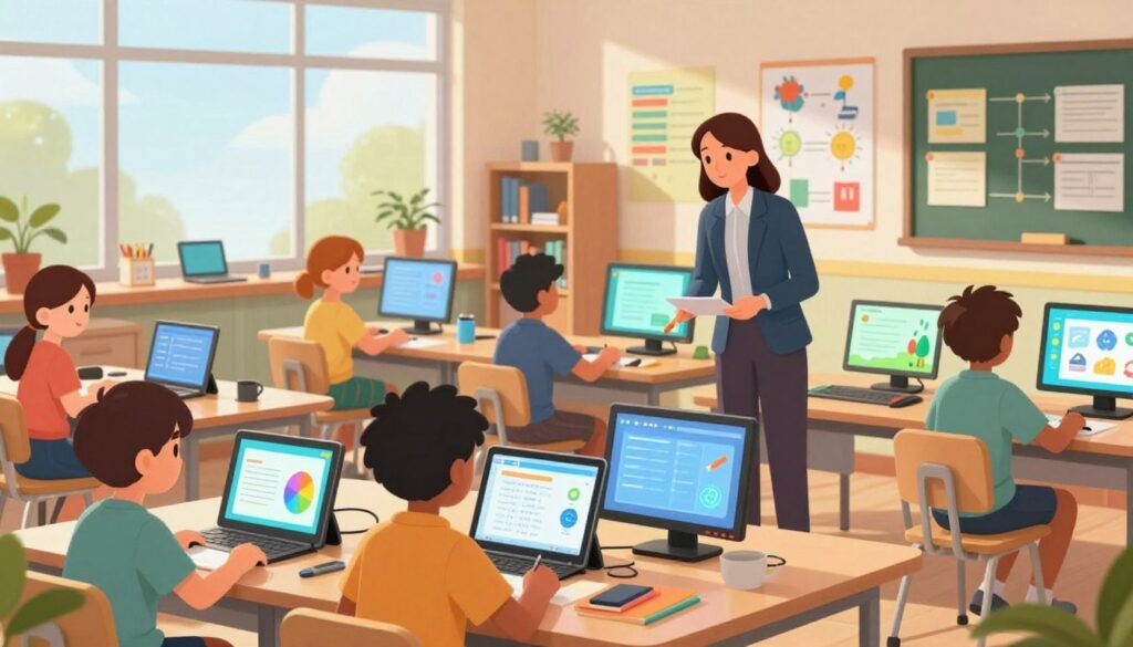 A modern classroom scene depicting personalized learning pathways in K-12 and higher education. In the foreground, a diverse group of students, engaged and focused, are working on individual projects at desks equipped with advanced digital devices. Each student’s workspace reflects their unique learning style—some using tablets, while others engage with interactive screens. In the middle, a teacher moves between the students, providing guidance and support, dressed in professional attire. The background features bright, colorful learning resources, such as charts and posters showcasing various subjects. Soft, natural lighting filters in through large windows, creating an inviting atmosphere. The overall mood is one of collaboration and innovation, emphasizing the transformative impact of AI in education.