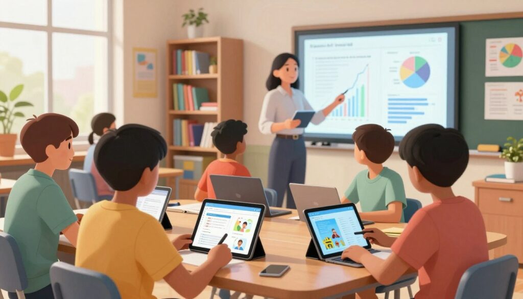 A modern classroom setting filled with engaged students working on personalized learning plans with the assistance of AI technology. In the foreground, a group of diverse students, dressed in smart casual clothing, collaborate around a table, analyzing data on digital tablets that show tailored educational content. In the middle ground, a focused teacher interacts with a smart whiteboard displaying dynamic graphs and metrics representing student progress. The background features shelves filled with books and vibrant educational posters. Soft, natural light filters through large windows, creating a warm and motivating atmosphere. The angle captures both the action on the table and the teacher’s interaction with technology, emphasizing the integration of AI in enhancing student outcomes through personalized learning.
