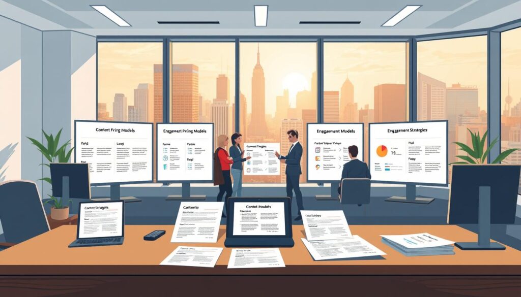 A modern corporate office setting, with a minimalist, clean aesthetic. In the foreground, a desk with various pricing models and engagement strategies displayed on digital screens and printed documents. The middle ground features a team of professionals in business attire, collaborating and discussing the content pricing models. The background showcases a large window overlooking a bustling city skyline, bathed in warm, natural lighting. The overall mood is one of professionalism, productivity, and a focus on optimizing content monetization strategies. A modern corporate office setting, with a minimalist, clean aesthetic. In the foreground, a desk with various pricing models and engagement strategies displayed on digital screens and printed documents. The middle ground features a team of professionals in business attire, collaborating and discussing the content pricing models. The background showcases a large window overlooking a bustling city skyline, bathed in warm, natural lighting. The overall mood is one of professionalism, productivity, and a focus on optimizing content monetization strategies.