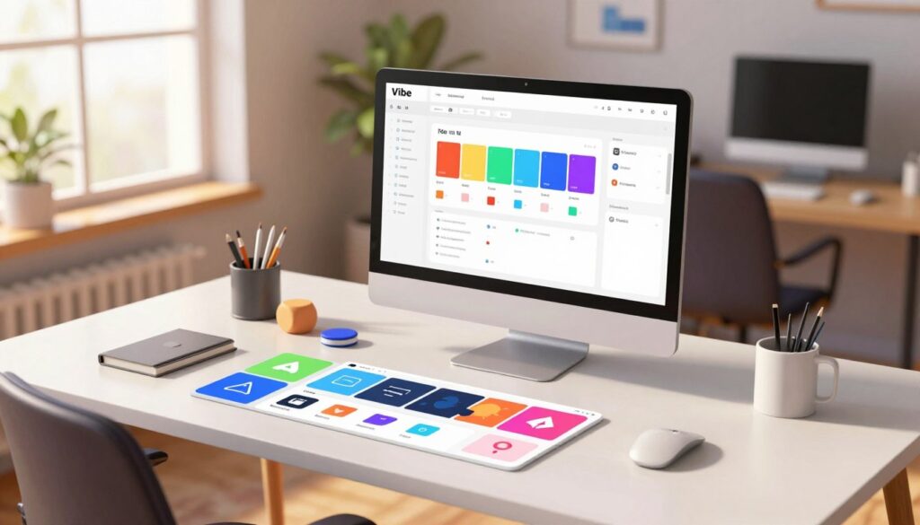 A modern design workspace showcasing various UI components organized on a sleek, minimalistic table. In the foreground, focus on a collection of colorful design tokens represented as vibrant geometric shapes, each symbolizing different styles and properties. The middle ground features a computer screen displaying a dynamic layout of a Vibe UI dashboard, highlighted with token colors that seamlessly blend into its design. In the background, a softly-lit room filled with design tools and a comfortable, professional atmosphere exudes creativity. Natural light streams in from a large window, illuminating the scene with a warm glow. The overall mood is innovative and inspiring, emphasizing the intersection of design and technology, inviting designers to explore and apply their creativity. A modern design workspace showcasing various UI components organized on a sleek, minimalistic table. In the foreground, focus on a collection of colorful design tokens represented as vibrant geometric shapes, each symbolizing different styles and properties. The middle ground features a computer screen displaying a dynamic layout of a Vibe UI dashboard, highlighted with token colors that seamlessly blend into its design. In the background, a softly-lit room filled with design tools and a comfortable, professional atmosphere exudes creativity. Natural light streams in from a large window, illuminating the scene with a warm glow. The overall mood is innovative and inspiring, emphasizing the intersection of design and technology, inviting designers to explore and apply their creativity.
