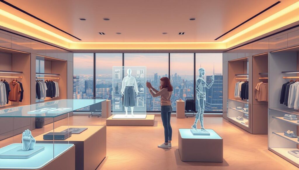 A modern, immersive retail environment showcasing augmented reality shopping. In the foreground, a person interacts with a holographic display, virtually trying on clothing from a capsule collection. Surrounding them, digital displays and product showcases seamlessly blend physical and virtual elements. Warm, diffused lighting accentuates the sleek, minimalist design aesthetic. In the background, a panoramic window offers a view of a vibrant cityscape, emphasizing the interconnectedness of the physical and digital realms. The scene conveys a sense of effortless, personalized shopping elevated by cutting-edge technology. A modern, immersive retail environment showcasing augmented reality shopping. In the foreground, a person interacts with a holographic display, virtually trying on clothing from a capsule collection. Surrounding them, digital displays and product showcases seamlessly blend physical and virtual elements. Warm, diffused lighting accentuates the sleek, minimalist design aesthetic. In the background, a panoramic window offers a view of a vibrant cityscape, emphasizing the interconnectedness of the physical and digital realms. The scene conveys a sense of effortless, personalized shopping elevated by cutting-edge technology.