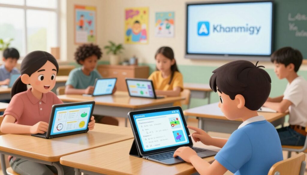 A modern, interactive classroom scene featuring a diverse group of students engaged with digital tablets, exploring Khan Academy’s Khanmigo. In the foreground, a friendly AI avatar guides a student, showcasing supportive coaching rather than merely providing answers. The middle layer includes students interacting with the tablets, displaying expressions of curiosity and focus, with visual elements hinting at educational subjects like math and science. In the background, a bright and inviting classroom setting is filled with colorful educational posters and a large screen displaying the Khan Academy logo. Soft, natural lighting fills the room, creating a warm and motivating atmosphere, while a focus on clear details evokes a sense of innovation and collaborative learning.