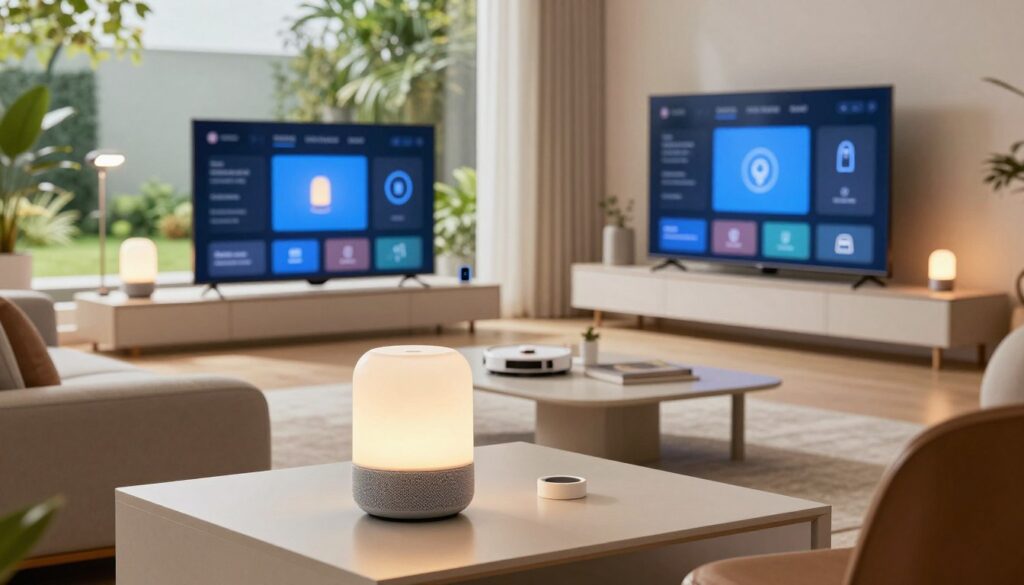 A modern living room featuring advanced home automation technology. In the foreground, a sleek smart speaker sits on a minimalist coffee table, illuminated by soft, warm lighting. In the middle, a large smart TV displays a user-friendly interface for controlling lights, thermostat, and security settings, with a stylish couch nearby. In the background, a large window reveals a smart garden with automated grow lights, while connected devices like smart bulbs and a robotic vacuum are visible throughout the space. The atmosphere is innovative and inviting, with a focus on tech-savvy design. Capture the scene from a slightly elevated angle, using a wide lens to emphasize the integration of technology into everyday life, bathed in natural light to enhance the modern feel.